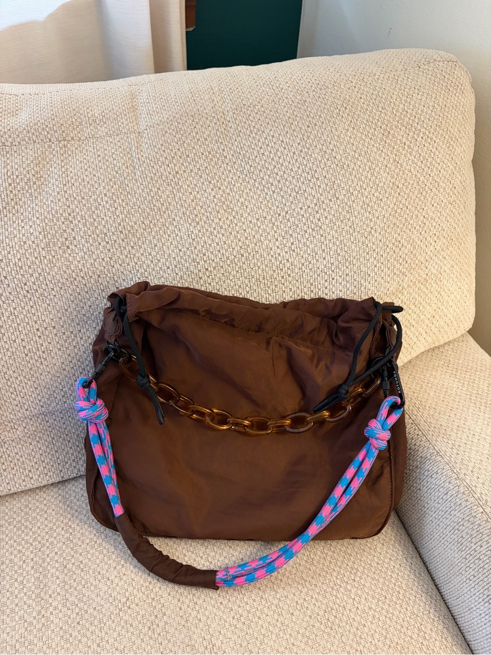 Brown Women’s Shoulder Bag with Contrast Rope Strap